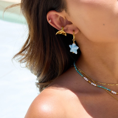 Starfish Pendant Hoop Earrings 18K Gold Plated Stainless Steel Blue Star Jewelry Summer Ocean Style Women Waterproof