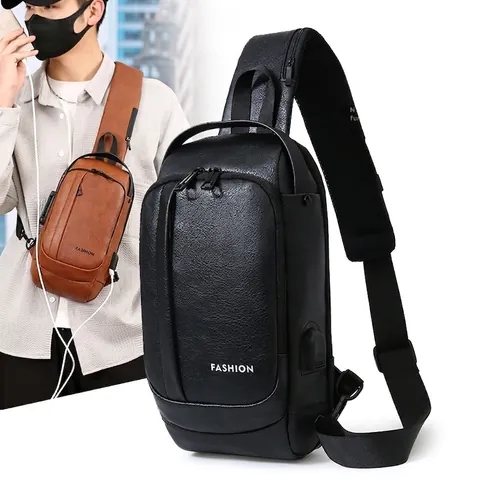 Men PU Leather Chest Sling Bag Anti-theft Combination Lock USB Charging Port Waterproof Casual Crossbody Shoulder Bag
