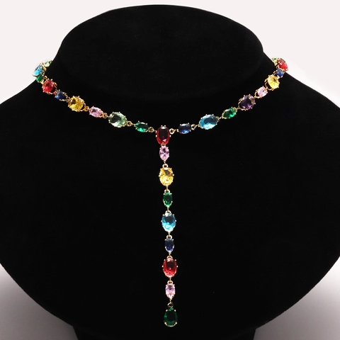 Collier En Y Cristal Coloré Cuivre Plaqué Or 18K Pierre Précieuse Ovale Bijoux Pour Femmes Style Boho Élégant Chaîne Réglable