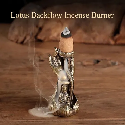 Rückfluss Räuchergefäß Buddha Hand Lotus Halter Messing Antik Zen Desktop Dekor Meditation Ornamental