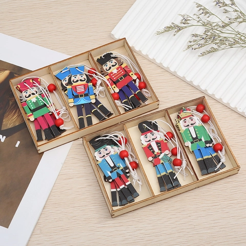 Christmas Nutcracker Soldier Hanging Ornaments Wooden Painted Colorful Holiday Tree Decorations Lanyard Bead Gift Wood Box