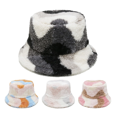 Damen Plüsch Fischerhut Künstliche Lammwolle Buntes Patchwork Wellengitter Warm Winter Herbst Beckenhut