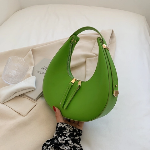 Sac À Épaule Femme En Cuir PU Demi Lune Croissant Rétro Minimaliste Hobo Sac Sous Le Bras Couleur Unie Fermeture Éclair