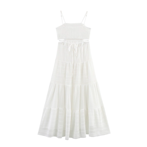 Women White Hollow Out Waist Mesh Maxi Dress Tiered Spaghetti Strap Square Neck Summer Beach Vacation Elegant Long Vestido