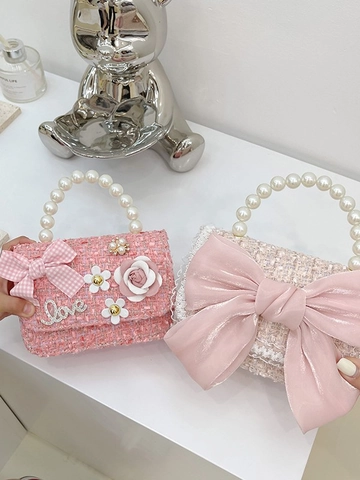 Kids Crossbody Bag Tweed Woven Artificial Pearl Handle Satin Bow Floral Sweet Princess Elegant Handbag Girl Fashion Messenger