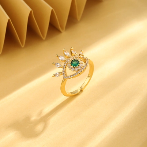 Bague Ouverte Réglable Mauvais Œil Cuivre Doré Avec Zircon Vert Et Blanc Bijoux De Mode Pour Femmes Protection