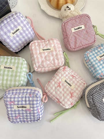 Quilted Checkered Mini Cosmetic Bag Portable Zipper Makeup Organizer Pouch Cotton Fabric Coin Purse Earphone Storage Case
