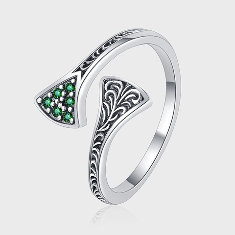 Anillo de Plata de Ley 925 Vintage para Mujer Patrón Karakusa Envejecido Anillo Abierto Ajustable Circonia Verde Incrustado Joyería de Lujo