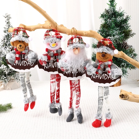 Weihnachtsanhänger Langbeinige Plüschpuppe Weihnachtsmann Schneemann Rentier Bär Feliz Navidad Schild Karierter Stoff Deko