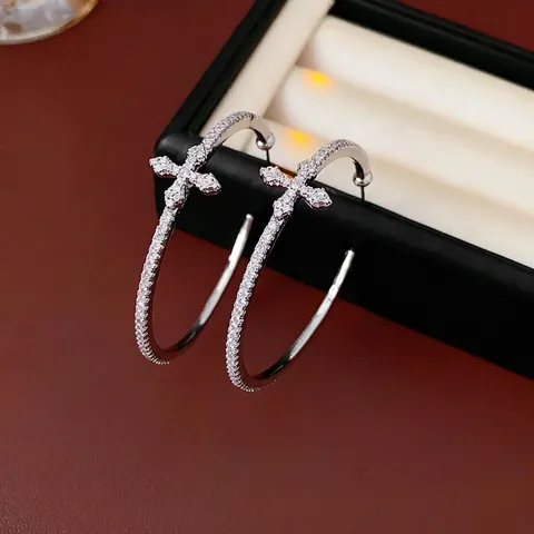 Orecchini Cerchio Grandi Con Croce Rame Zircone Con Perno Argento Sterling 925 Gioielli Moda Minimalista Donne