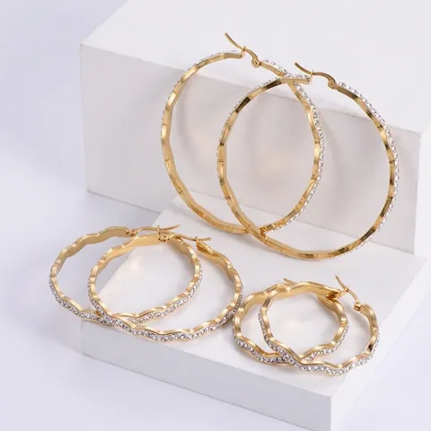 Créoles Ondulées Acier Inoxydable Plaqué Or 18K Avec Strass Bijoux De Mode Simples Et Polyvalents Pour Femmes