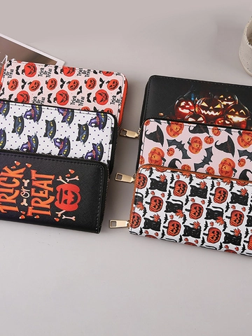 Damen Lange Reißverschluss Geldbörse PU Leder Halloween Kürbis Fledermaus Muster Kartenfächer Clutch Portemonnaie