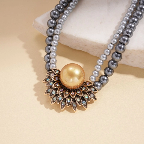 Collar De Perlas Artificiales De Vidrio Gris De Doble Capa Vintage Elegante Colgante Girasol Aleación Con Diamantes De Imitación