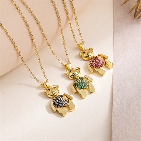 Bear Pendant Necklace Encrusted With Colorful Zircon Heart Detail Copper Jewelry Fashionable Accessory For Women
