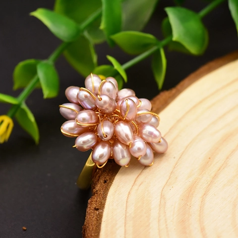 Handmade Freshwater Pearl Flower Cluster Open Ring 925 Sterling Silver Elegant Vintage Style Adjustable Ring For Women
