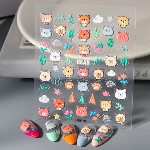 Autocollants Pour Ongles En Relief 5D Motif Ours Dessin Animé Fleur Imperméable Décalcomanies Auto-adhésives Pour Femmes Filles Manucure