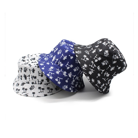 Chapeau Bob Réversible Coton Polyester Imprimé Cocotier Extérieur Été Protection Solaire Style Urbain Unisexe
