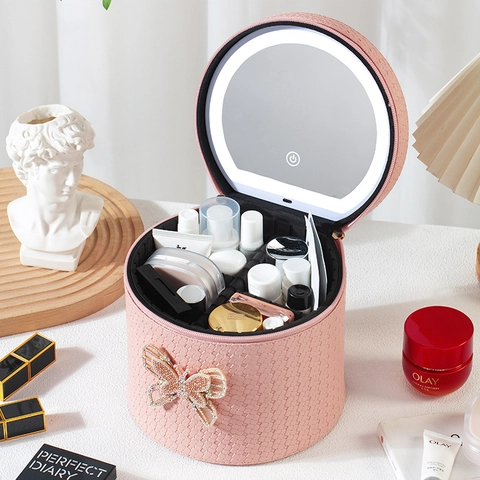 Portable PU Leather Makeup Bag With LED Mirror Adjustable Lighting Waterproof Travel Toiletry Case Woven Butterfly Box