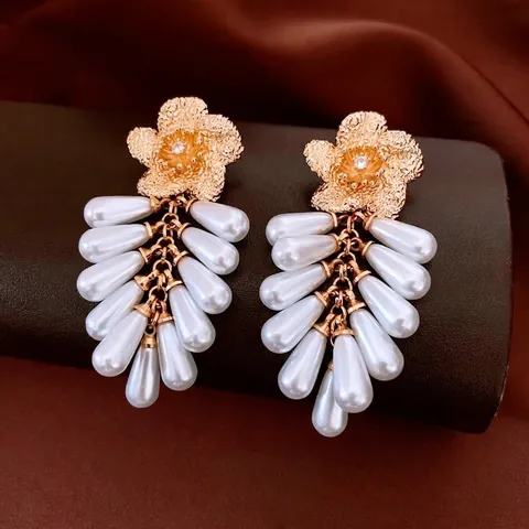 Pendientes Vintage De Flor Con Borla Aleación Zirconia Perla Artificial De Imitación Con Poste De Plata De Ley 925 Elegante Mujer