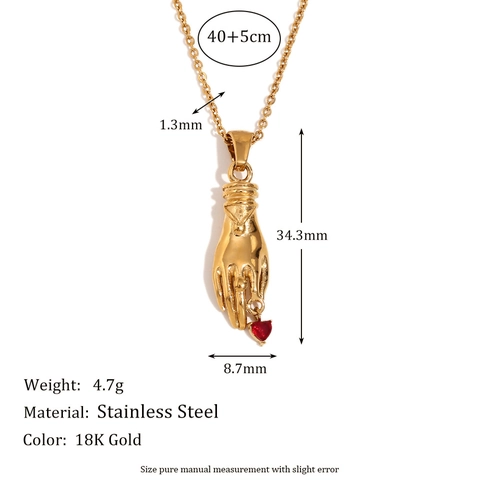 Collar con Colgante de Mano Sosteniendo Corazón Rojo de Acero Inoxidable Vintage para Mujer Joyería de Moda Baño Oro 18K