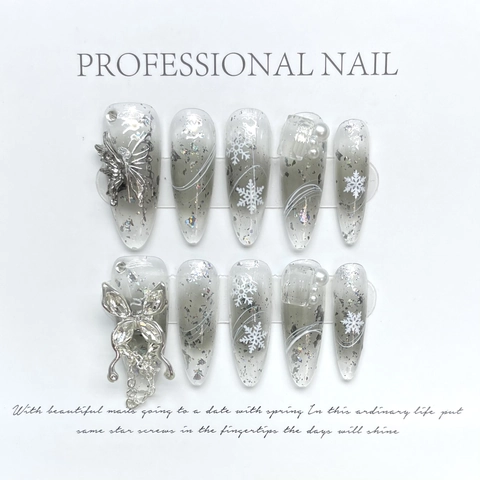 Handgemaakte Mercury Butterfly Kunstnagels Y2K Glitter Strass Sneeuwvlok 3D Vlinder Grijs Wit Verloop Fake Nails voor Vrouwen