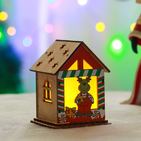 Kerst Houten Lichtgevende Huis Ornament Geschilderde Houten Hut Desktop Miniatuur Decoratie Feestelijke Kerstman Sneeuwpop Rendier Patroon