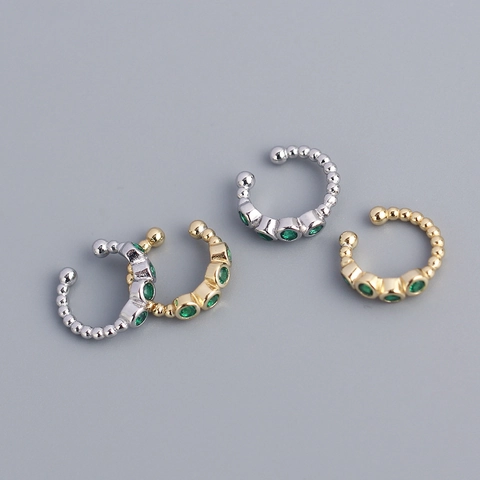 Ear Cuff In Argento Sterling 925 Con Pietre Verdi Clip Per Osso Dell'Orecchio A Forma Di C Senza Buco Per Donna