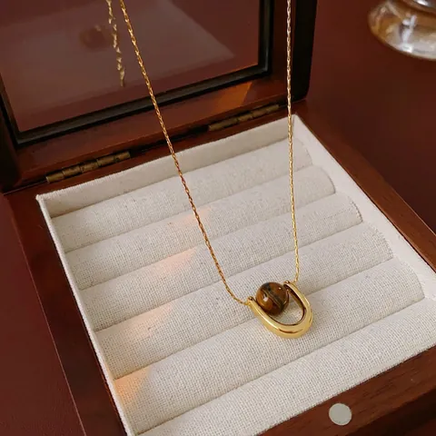 Collar Con Colgante En Forma De U Acero De Titanio Piedra De Ojo De Tigre Artificial Joyería Retro Minimalista Para Mujeres