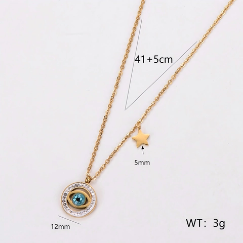 Collar Ojo Turco Estrella Acero Inoxidable 304 Rhinestone Circonita Azul Colgante Redondo Joyería De Moda Regalo Mujer