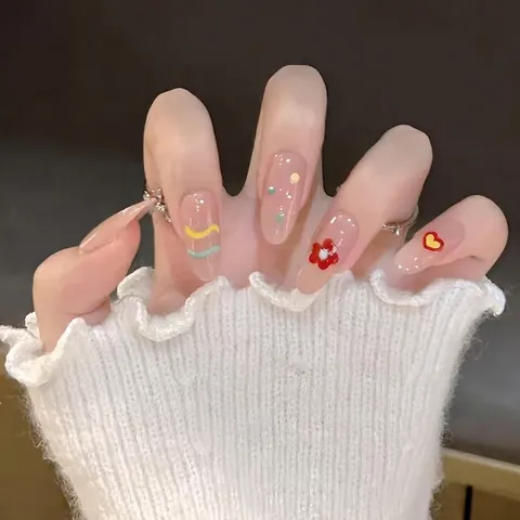 Faux Ongles À Presser Fleurs Douces Forme Amande Rose Translucide Style Peint À La Main En ABS Pour Femmes