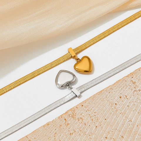 Edelstahl Herzanhänger Armband Flache Schlangenkette Fischgrätenkette Verstellbar Für Damen Elegante Pendler Schmuck