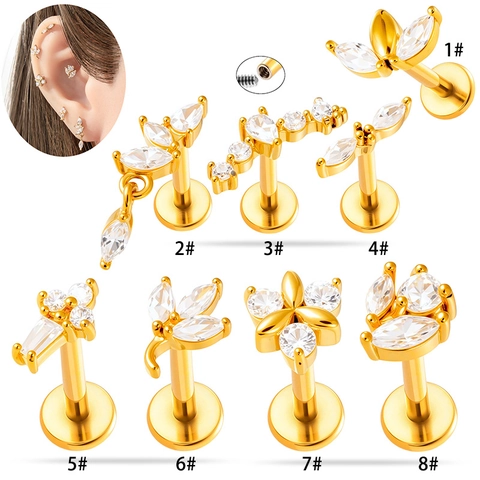 Roestvrij Stalen Labret Stud Interne Schroefdraad Marquise Zirkonia Kraakbeen Oorbel Platte Achterkant Lichaampiercing Sieraden Voor Dames