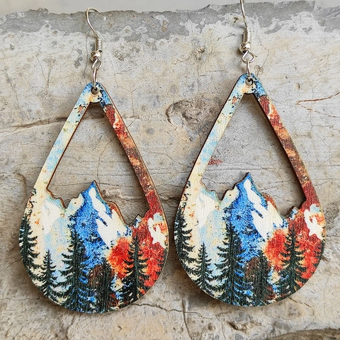 Vintage Wood Drop Earrings Forest Snow Mountain Scenery Bohemian Teardrop Dangle Jewelry For Women Distressed Natural Style