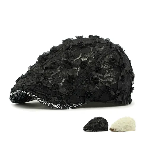 Béret En Dentelle Pour Femmes Fleurs 3D Maille Respirante Léger Rétro Élégant Été Casquette Plate Peintre Réglable