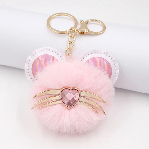 Cute Cat Head Plush Keychain Faux Fur With Heart Rhinestone Golden Metal Whiskers Bag Charm Pendant Accessory