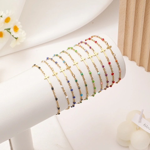 Bracciale In Acciaio Inossidabile Con Pendente A Croce E Perline Di Smalto Colorate Regolabile Placcato Oro Donna