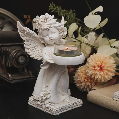 Vintage Angel Statue Candle Holder Winged Cherub Resin Figurine European Style Home Table Decor Ornament