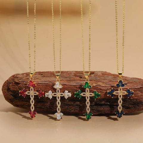 Collana Con Pendente Fiore Croce Rame Placcato Oro 14K Zircone Taglio A Pera Stile Hip Hop Per Donne