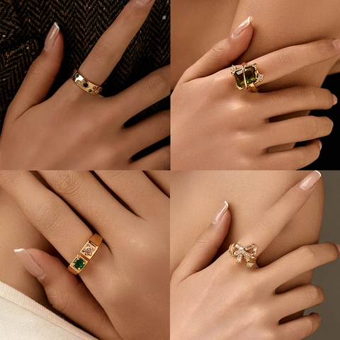 Zircon Adjustable Open Design Gold Plated Copper Ring Geometric Heart Flower Leaf Elegant Luxury Jewelry For Women