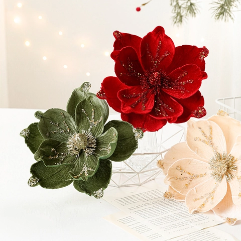 Velvet Artificial Christmas Flowers Flocked Glittered Magnolia Floral For Christmas Tree Decor Holiday Party Home Ornament