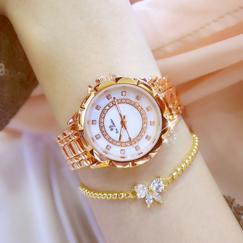 Women Quartz Watch Full Rhinestone Flower Mother Of Artificial Pearl Dial Alloy Link Bracelet Waterproof Fashion Elegant Jewelry