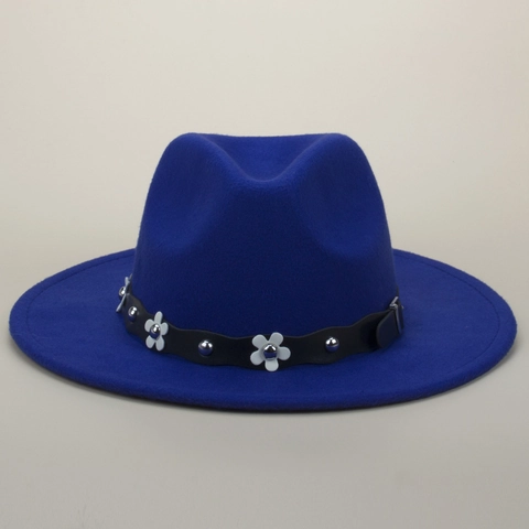 Chapeau Fedora Feutre De Laine Large Bord Pétale Fleur Blanche Rivet Métallique Bande Cuir Décorative Style Rétro Accessoire