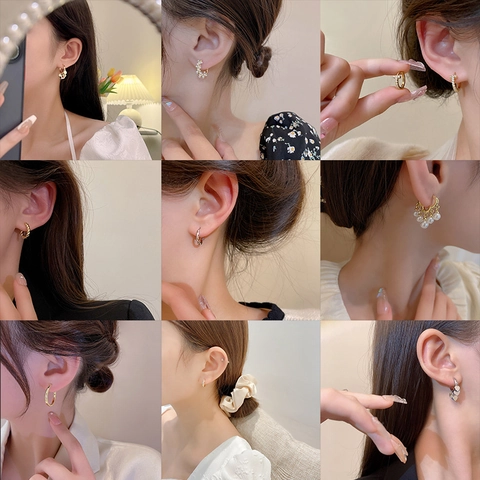 Korean Style Geometric Hoop Earrings Copper Zircon Artificial Pearl Women Elegant Fashion With 925 Sterling Silver Earring Post