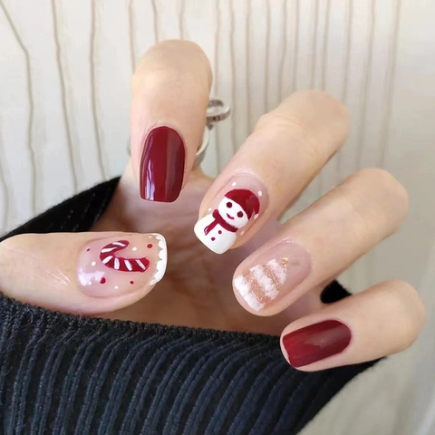 Weihnachts Künstliche Fingernägel Kurz Eckig Harz ABS Rot Weiß Schneemann Zuckerstange Baum Muster Künstliche Fingernägel