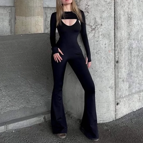Women Sexy Cut Out Long Sleeve Flared Jumpsuit Slim Fit Polyester Spandex Urban Streetwear One Piece