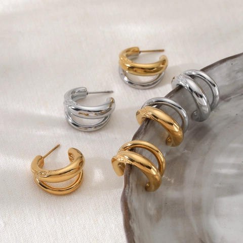 C-Shaped Hoop Earrings 316 Stainless Steel Double Layer Twisted Hammered Geometric Fashion Jewelry For Women
