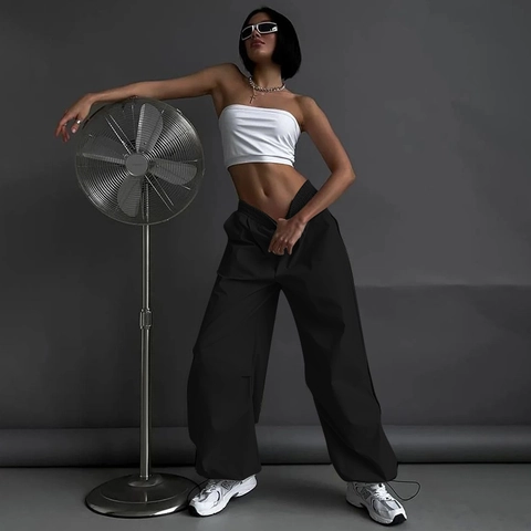 Pantalones Cargo Cintura Alta Mujer Poliéster Spandex Cordón Bolsillos Sueltos Recto Streetwear Retro Paracaídas
