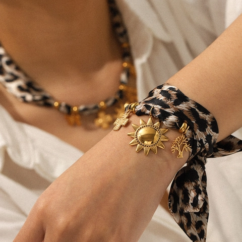 Collana Foulard A Nastro Leopardato Con Pendenti In Acciaio Inossidabile 304 Sole Croce Farfalla Albero Della Vita Dorato