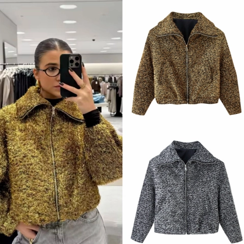 Chaqueta Bomber De Mujer Con Textura Metálica Brillante Manga Larga Solapa Cremallera Abrigo Corto Streetwear Bolsillos