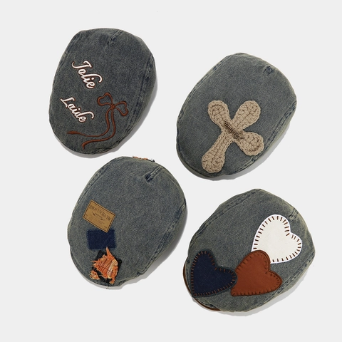 Vintage Washed Denim Beret For Women Korean Style Distressed Painter Hat With Letter Embroidery Bow Heart Cross Patchwork